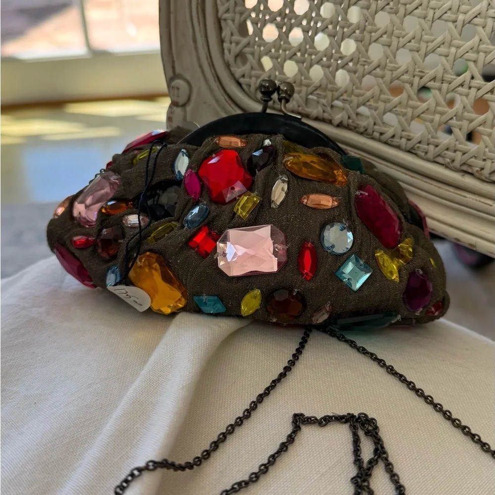Embellished Dark Brown Jeweled Evening Clutch with Chain